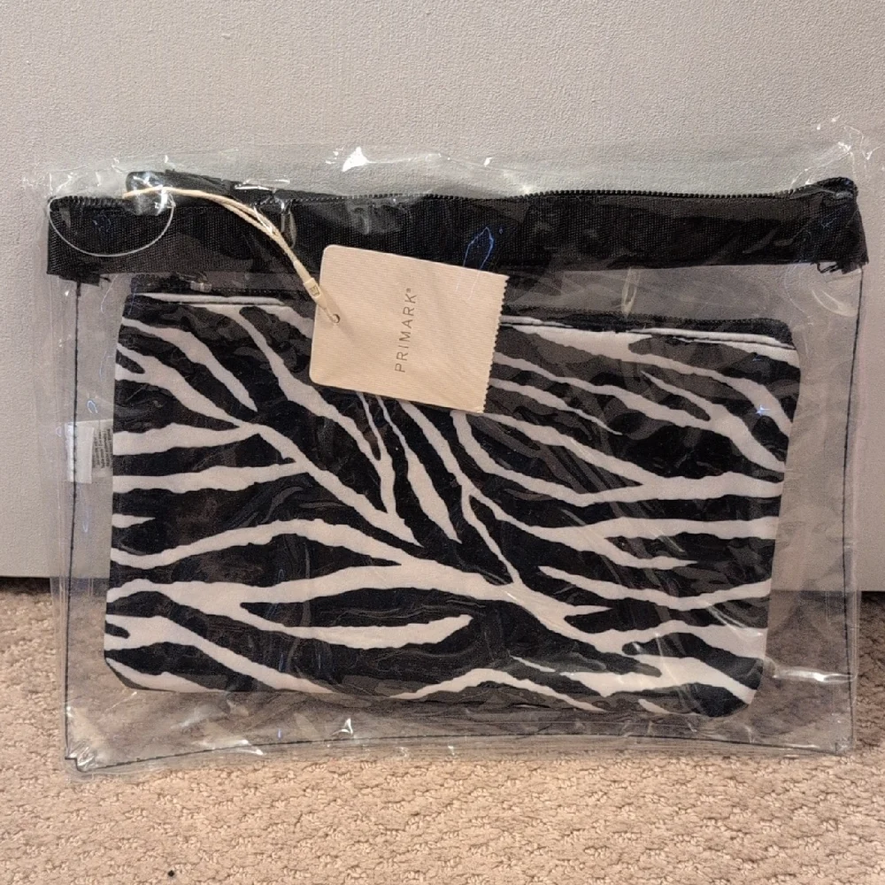 Primark 2 Piece Zebra Animal Print Makeup Cosmetic Accessories Bag NWT